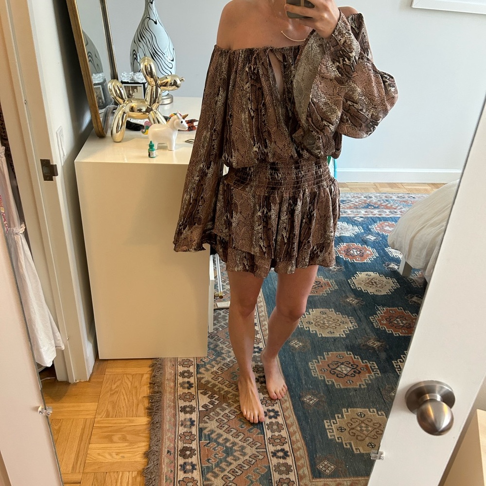 Planet blue snakeskin silky romper with cinched waist